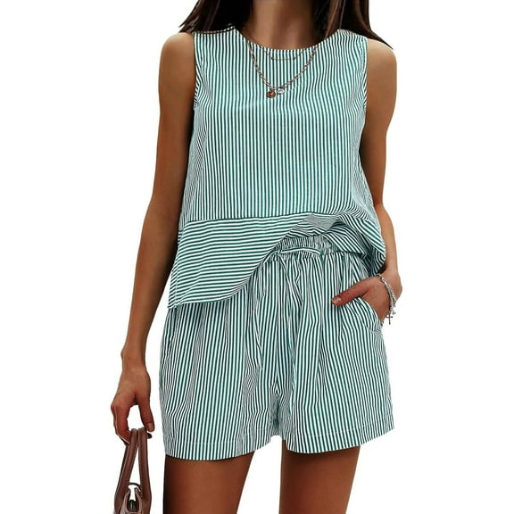 YATELLE Women's Summer 2 Piece Outfits Sleeveless Tank Top Matching Shorts Sets Cotton Striped Sweatsuits Vacation Beach 2025