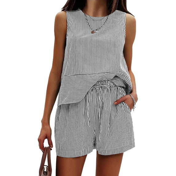 YATELLE Women's Summer 2 Piece Outfits Sleeveless Tank Top Matching Shorts Sets Cotton Striped Sweatsuits Vacation Beach 2025