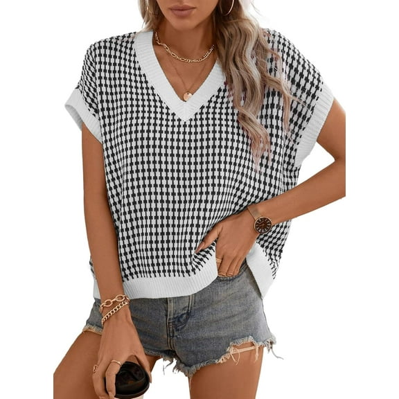 YATELLE Womens Casual Summer Tops V Neck Short Sleeve Plaid Knit Vest Loose Fit Pullover Sweaters Blouses