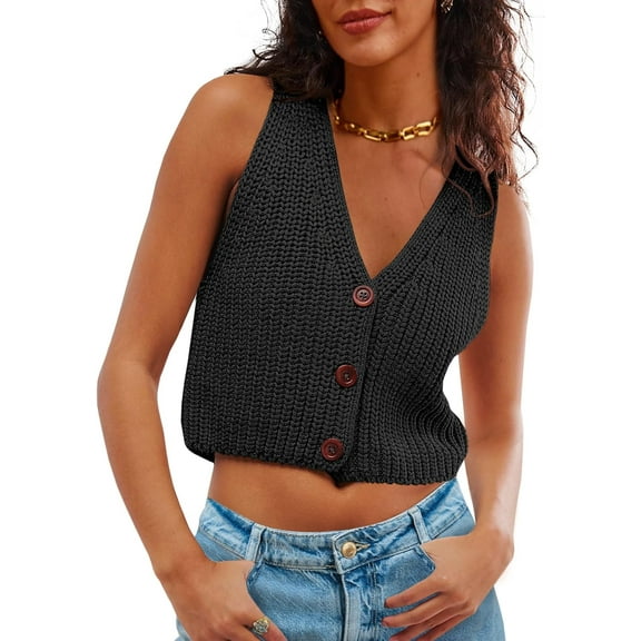 YATELLE Womens Cropped Sweater Vest V Neck Button Down Y2k Crop Knit Summer Trendy Sleeveless Chunky Tank Tops