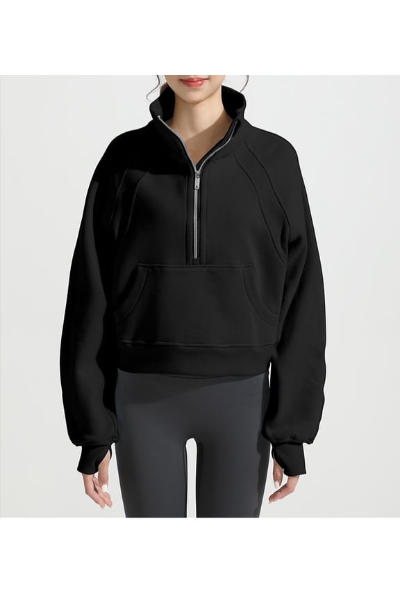 Womens' Half Zip Pullover Fleece Stand Collar Crop Sweatshirt with Pockets Thumb Hole