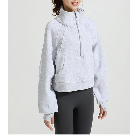 YATELLE Womens' Half Zip Pullover Fleece Stand Collar Crop Sweatshirt with Pockets Thumb Hole