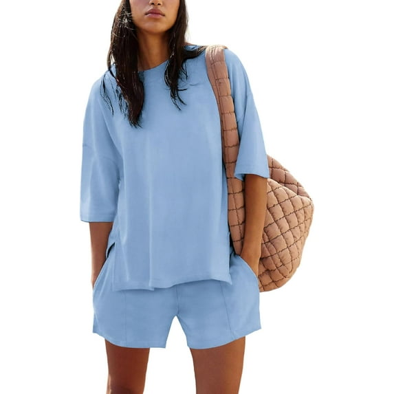 YATELLE Womens Shorts Sets 2 Piece Outfits Summer 2025 Half Sleeve Crew Neck Cotton Lounge Sets Matching Clothing