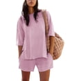 thumbnail image 1 of YATELLE Womens Shorts Sets 2 Piece Outfits Summer 2025 Half Sleeve Crew Neck Cotton Lounge Sets Matching Clothing, 1 of 6
