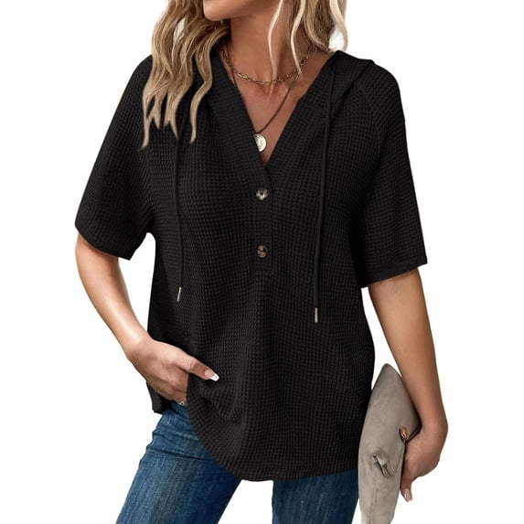 YATELLE Womens Summer Waffle Knit Short Sleeve Tops Lightweight Drawstring Hoodies Button V Neck Casual Blouses Shirts