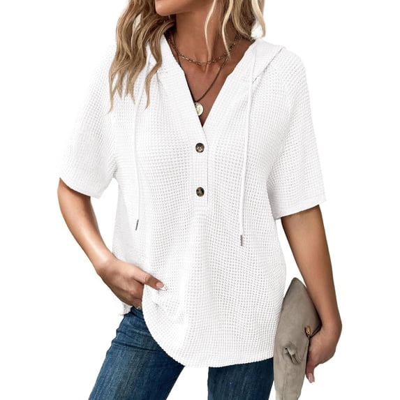 YATELLE Womens Summer Waffle Knit Short Sleeve Tops Lightweight Drawstring Hoodies Button V Neck Casual Blouses Shirts