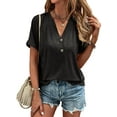 thumbnail image 1 of YATELLE Womens Tshirts V Neck Short Sleeve Buttons Tops Tee Solid Color Blouse Loose Fit, 1 of 5