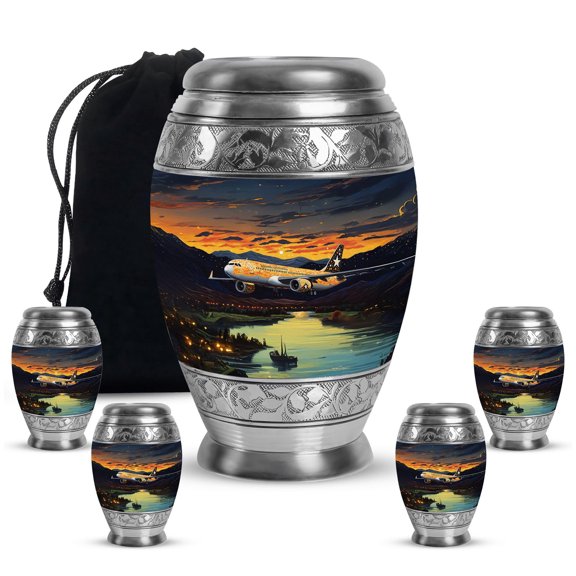 YATHABHISA Airplanes Adult Cremation Funeral Urn for Human Ashes, Keepsake Memorial Gift, Beautiful Handcrafted Small Urns for Ash, Combo, 1 Large 10 Inch & 2 Mini 3 Inch
