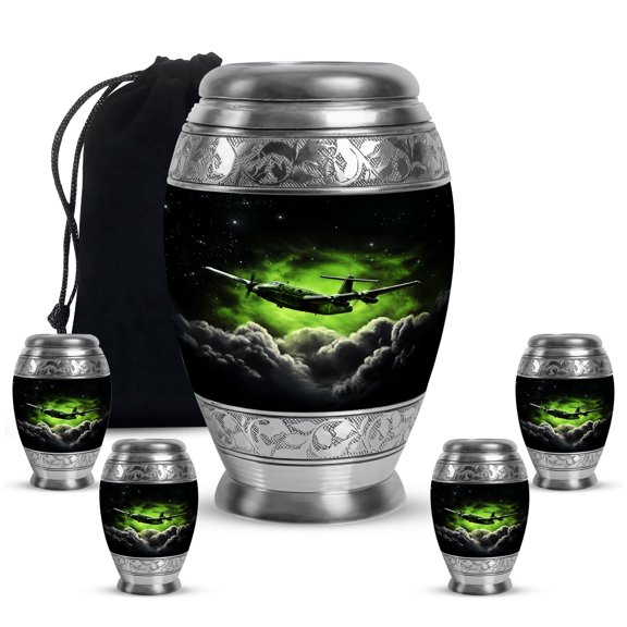 YATHABHISA Airplanes Adult Cremation Funeral Urn for Human Ashes, Keepsake Memorial Gift, Beautiful Handcrafted Small Urns for Ash Container, Combo, 1 Large 10 Inch & 2 Mini 3 Inch