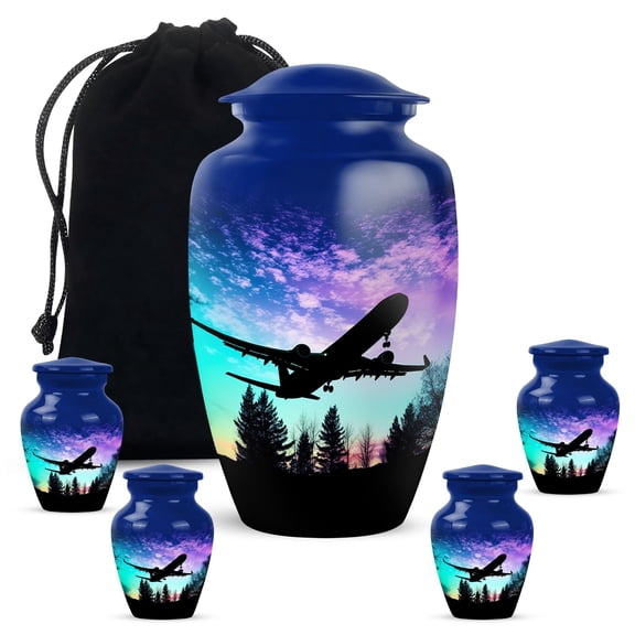 YATHABHISA Airplanes Adult Cremation Funeral Urn for Human Ashes, Keepsake Memorial Gift, Handcrafted Small Urns for Ash Container, Combo, 1 Large 10 Inch & 2 Mini 3 Inch