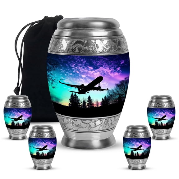 YATHABHISA Airplanes Adult Cremation Funeral Urn for Human Ashes, Keepsake Memorial Gift, Handcrafted Small Urns for Ash Container, Combo, 1 Large 10 Inch & 2 Mini 3 Inch