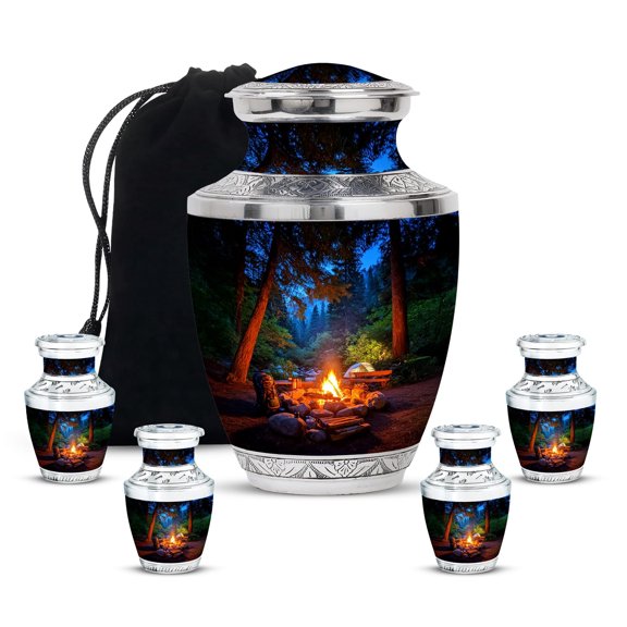 YATHABHISA Campfire Adult Cremation Funeral Urn for Human Ashes, Keepsake Memorial Gift for Father & Mother, Beautiful Handcrafted Small Urns for Ash, Combo, 1 Large 10 Inch & 2 Mini 3 Inch