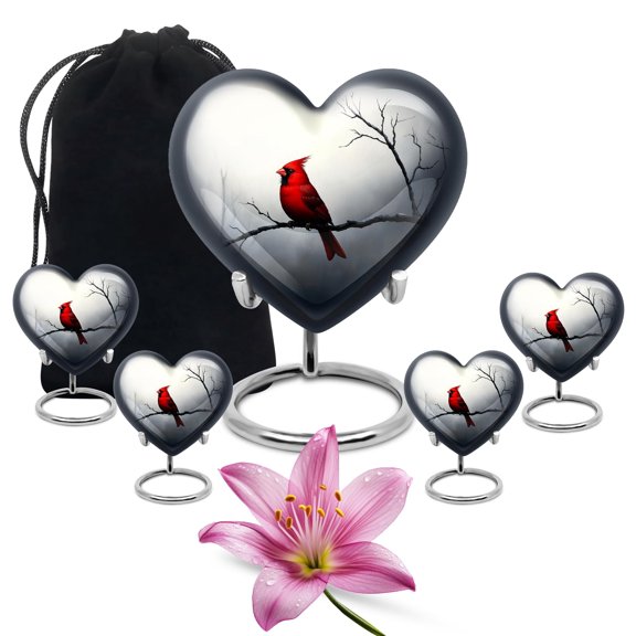 YATHABHISA Cardinal Heart Cremation Ash Urn for Men & Women, Decorative & Keepsake Urns for Ashes, Memorial Gift for Father & Mother, Grey, (10 Inch & 3 Inch Mini Set of 4)