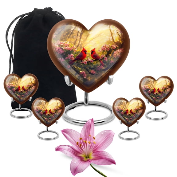YATHABHISA Cardinal Heart Shaped Cremation Ash Urn for Men & Women, Decorative & Keepsake Urns for Ashes, Memorial Gift for Parents, Brown, Combo (10 Inch & 3 Inch Mini Set of 4)