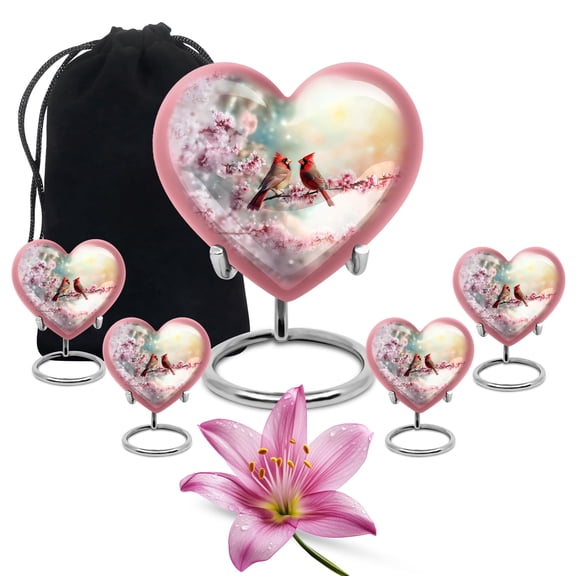 YATHABHISA Cardinal Heart Shaped Cremation Ash Urn for Women & Men, Decorative Urns for Ashes, Keepsake Memorial Gift for Parents, Pink, Combo (10 Inch & 3 Inch Mini Set of 4)