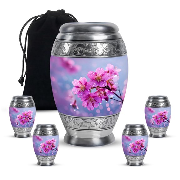 YATHABHISA Cherry Blossom Cremation Urn, Keepsake for Grandparents, Funeral and Burial Urns, Ash Holder for Family, Large Urn for Human Ashes Adult, Mini Urns, Combo, 1 Large 10 Inch & 2 Mini 3 Inch