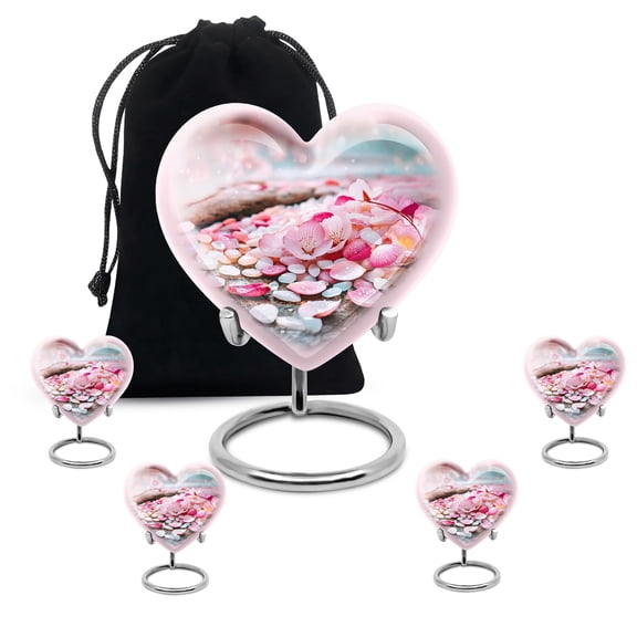 YATHABHISA Cherry Blossom Heart Adult Cremation Funeral Urn for Human Ashes, Keepsake Memorial Gift, Handcrafted Small Urns for Ash, Combo, 1 Large 10 Inch & 4 Mini 3 Inch