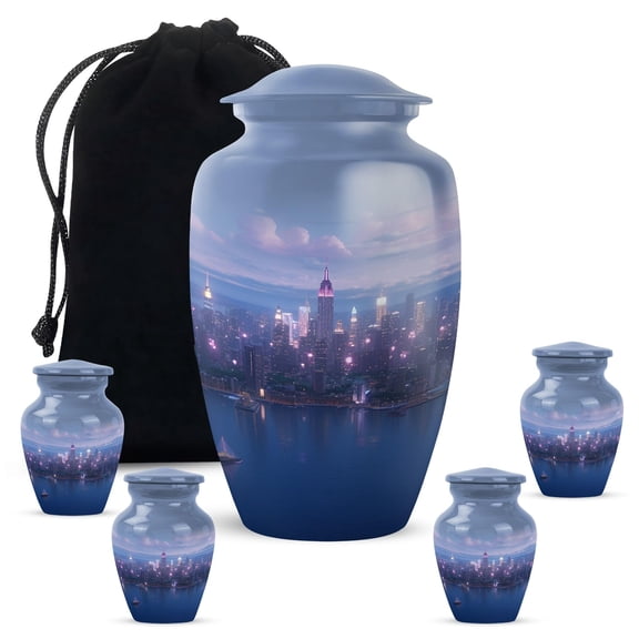 YATHABHISA City Lights Theme Urns with Lid - Funeral Urn for Human Ashes Adult Woman/Man - Cremation Ashes Keepsake Urn - Burial Urns - 3inch 4pcs Small & 10inch 1pcs Large Size Combo- Pack of 2