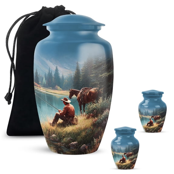 YATHABHISA Cowboys Keepsake Urns for Adult Ashes, Decorative Gift for Men & Women, Cowboys Theme Urn Ash for Male & Female, Combo, Blue (10 Inch & 3 Inch Mini Set of 2)