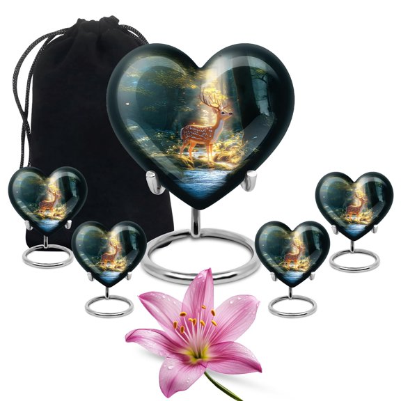 YATHABHISA Deer Heart Shaped Cremation Ash Urn for Men & Women, Decorative & Keepsake Urns for Ashes, Memorial Gift for Parents, Green, Combo (10 Inch & 3 Inch Mini Set of 4)