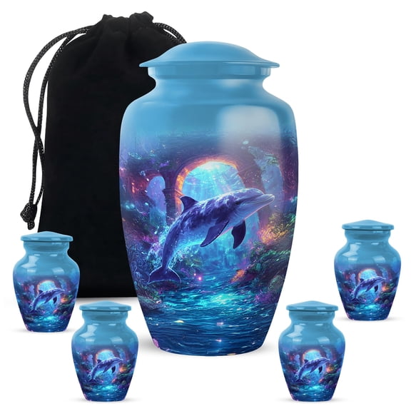 YATHABHISA Dolphin Adult Cremation Funeral Urn for Human Ashes, Keepsake Memorial Gift, Handcrafted Small Urns for Ash Container, Combo, 1 Large 10 Inch & 2 Mini 3 Inch