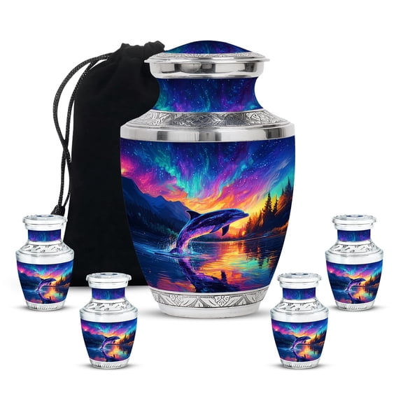YATHABHISA Dolphin Cremation Urns, Memorial Urn For Human Ashes, Handcrafted Urns for Humans Ash, Burial And Funeral Urn for Male and Female, Combo, 1 Large 10 Inch & 4 Mini 3 Inch