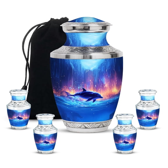 YATHABHISA Dolphin Memorial Urn, Burial And Funeral Urns, Handcrafted Urn For Human Ashes, Cremation Urns For Male And Female, Combo, 1 Large 10 Inch & 4 Mini 3 Inch