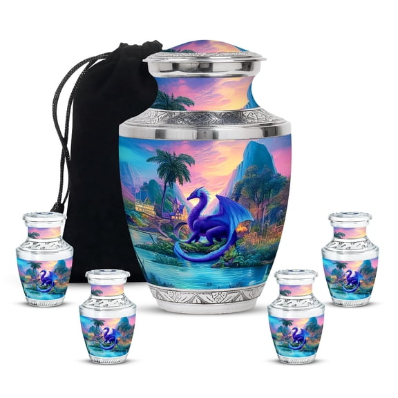 YATHABHISA Dragon Urn for Ashes, Cremation Urn for Burial, Keepsake Decorative for Funeral, Memorial Gift, Combo, Blue (10 Inch & 3 Inch Mini Set of 3)