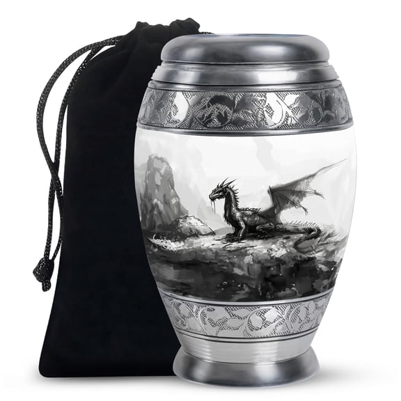 YATHABHISA Dragon Urn, Cremation Urn - Urns for Human Ashes Large - 10 Inch - Large with Velvet Bag - Funeral Cremation Urns for Ashes - Metal Urn - Human Remains Urns - Decorative Urns, Black