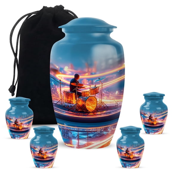 YATHABHISA Drums Adult Cremation Funeral Urn for Human Ashes, Keepsake Memorial Gift, Beautiful Handcrafted Small Urns for Ash Container, Combo, 1 Large 10 Inch & 2 Mini 3 Inch