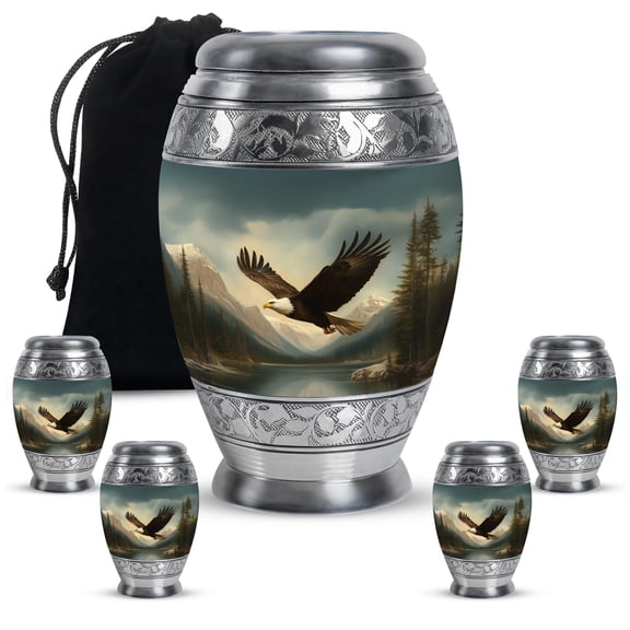 YATHABHISA Eagle Cremation Urns for Ashes, Memorial Gift for Male & Female, Funeral Urn For Adult Human Ash, Green, Combo (10 Inch & 3 Inch Mini Set of 4)