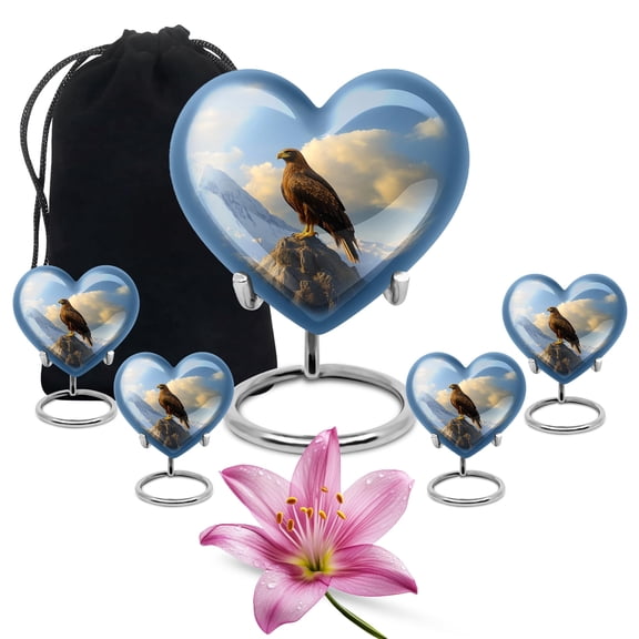 YATHABHISA Eagle Heart Urn Large 10" with 3 Mini 3" Keepsakes, Human Ashes Adult Decorative Cremation Funeral Burial Memorial Urns Tribute Sky Blue