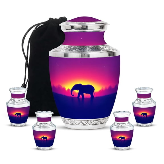YATHABHISA Elephant Cremation Ash Urn for Men & Women, Decorative & Keepsake Urns for Ashes, Memorial Gift for Parents, Purple, Combo (10 Inch & 3 Inch Mini Set of 4)