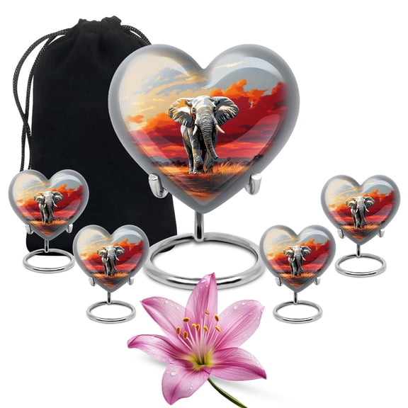 YATHABHISA Elephant Heart Shaped Cremation Ash Urn for Men & Women, Keepsake Urns for Ashes, Decorative Memorial Gift for Father & Mother, Grey, Combo (10 Inch & 3 Inch Mini Set of 4)