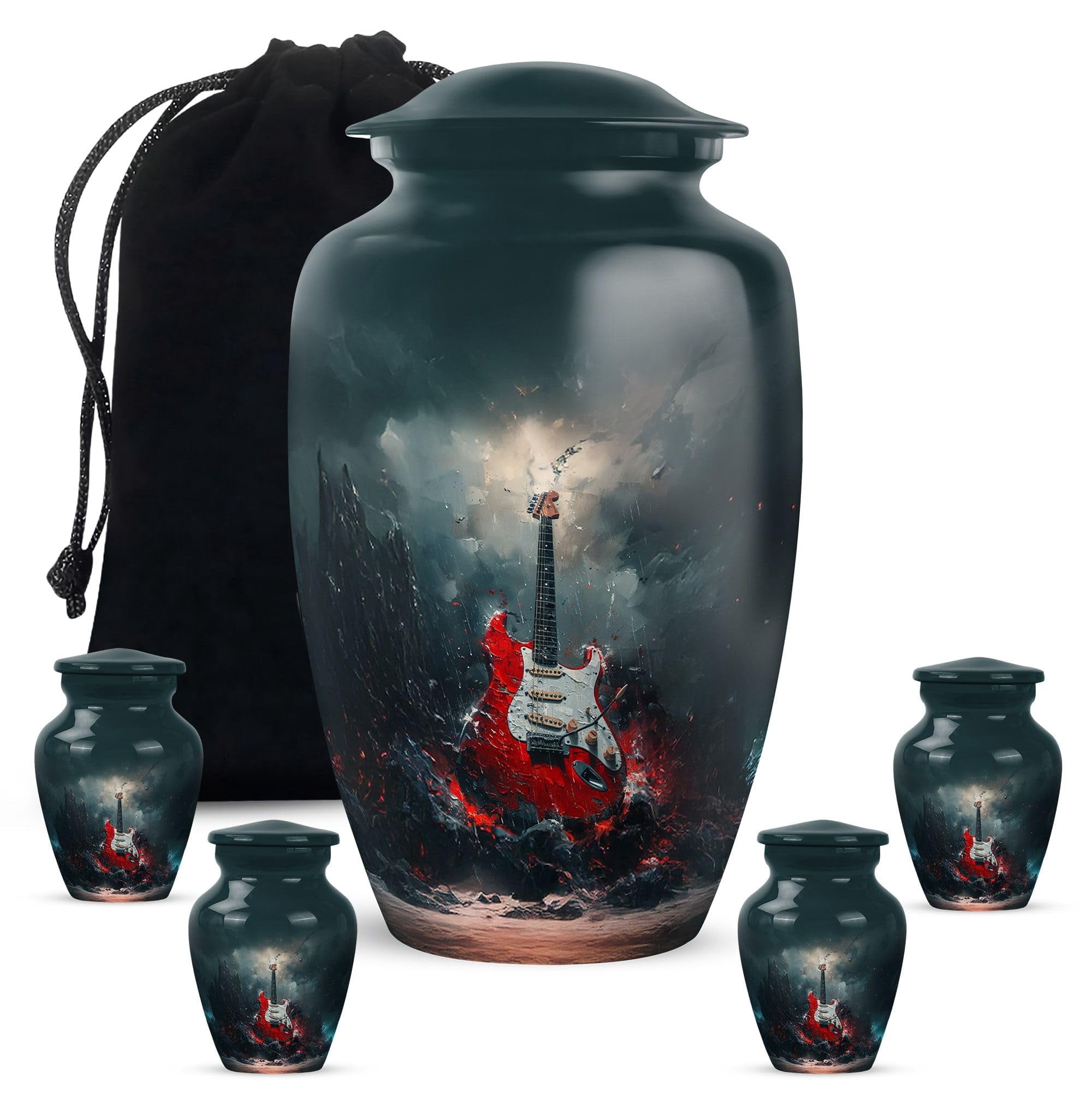 YATHABHISA Guitar Urn for Human Ashes, Adult Cremation Memorial, Decorative Urns for Men, Keepsake, Black, Combo (1Pc 10 Inch & 4Pcs 3 Inch)