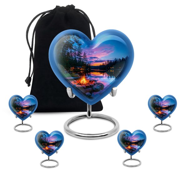 YATHABHISA Heart Campfire Cremation Memorial Urn for Ashes, Large Urns for Family, Urn for Funeral for Male and Female, Burial Urns, Combo, 1 Large 10 Inch & 4 Mini 3 Inch