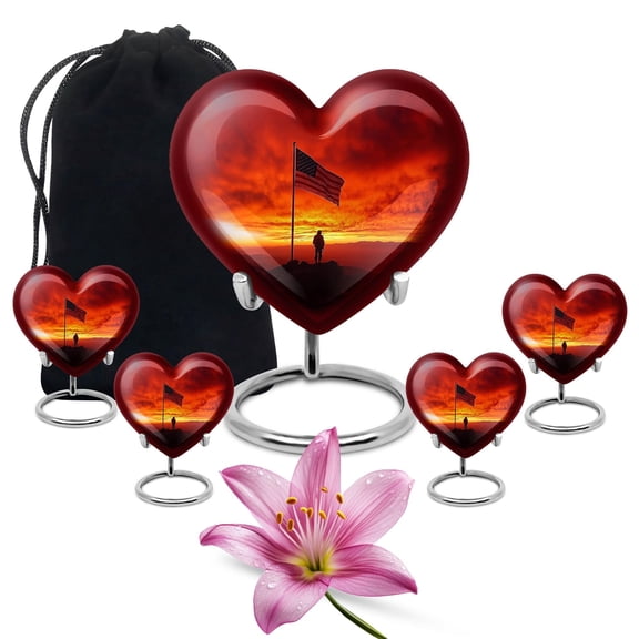 YATHABHISA Heart Fire Fighter Cremation Memorial Urn for Ashes, Large Urns for Family, Urn for Funeral for Male and Female, Burial Urns, Combo, 1 Large 10 Inch & 4 Mini 3 Inch