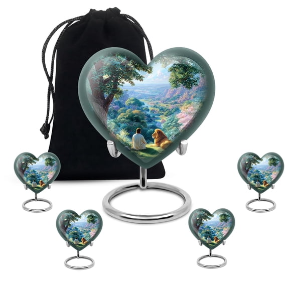 YATHABHISA Heart Jesus Cremation Memorial Urn for Ashes, Large Urns for Family, Urn for Funeral for Male and Female, Burial Urns, Combo, 1 Large 10 Inch & 4 Mini 3 Inch