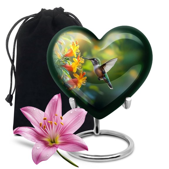 YATHABHISA Humming Bird Heart Shaped Urn for Human Ashes, Large Urns for Ash, Cremation & Decorative Memorial, Gift for Men & Women, Handcrafted for Funeral & Burial, Green, 10 Inch