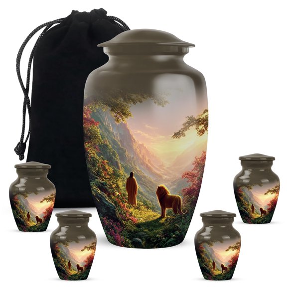 YATHABHISA Jesus Adult Cremation Funeral Urn for Human Ashes, Keepsake Memorial Gift, Beautiful Handcrafted Small Urns for Ash Container, Combo, 1 Large 10 Inch & 2 Mini 3 Inch