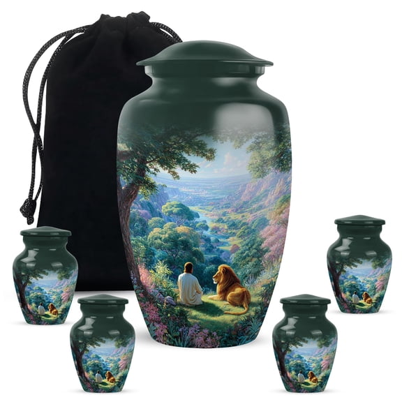 YATHABHISA Jesus Adult Cremation Funeral Urn for Human Ashes, Keepsake Memorial Gift, Handcrafted Small Urns for Ash Container, Combo, 1 Large 10 Inch & 2 Mini 3 Inch