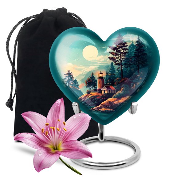 YATHABHISA Lighthouse Heart Shaped Urn for Ashes, Large Urns for Human Ash, Funeral & Burial Cremation for Adult Remains, Memorial Gift , Green, 10 Inch