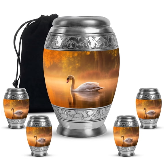 YATHABHISA Majestic Swan Adult Cremation Funeral Urn for Human Ashes, Keepsake Memorial Gift, Handcrafted Small Urns for Ash Container, Combo, 1 Large 10 Inch & 2 Mini 3 Inch
