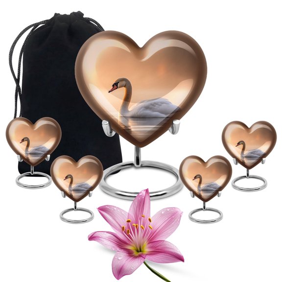 YATHABHISA Majestic Swan Theme Heart Adult Cremation Funeral Urn for Human Ashes, Keepsake Memorial Gift, Beautiful Handcrafted Small Urns for Ash Container, Combo, 1 Large 10 Inch & 4 Mini 3 Inch