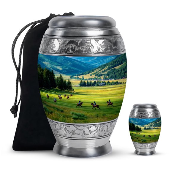YATHABHISA Memorial Urns for Human Ashes, Horse Polo Keepsake Urn for Ash, Adult Funeral Remains, Decorative Gift for Male & Female, Combo, 10 Inch Large & 3 Inch Small