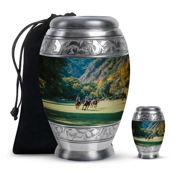 YATHABHISA Memorial Urns for Human Ashes, Horse Polo Keepsake Urn for Ash, Adult Funeral Remains, Decorative Gift for Male & Female, Combo, 10 Inch Large & 3 Inch Small