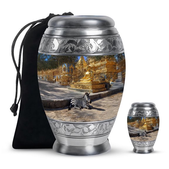 YATHABHISA Memorial Urns for Human Ashes, Zebra Keepsake Urn for Ash, Adult Funeral Remains, Decorative Gift for Male & Female, Combo, 10 Inch Large & 3 Inch Small