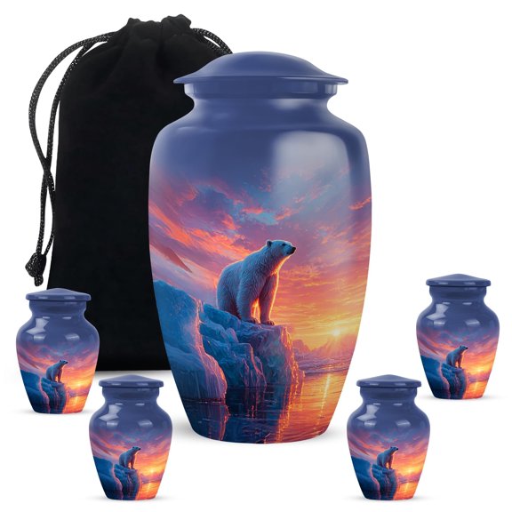 YATHABHISA Polar Bear Adult Cremation Funeral Urn for Human Ashes, Keepsake Memorial Gift, Beautiful Handcrafted Small Urns for Ash, Combo, 1 Large 10 Inch & 2 Mini 3 Inch