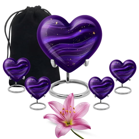 YATHABHISA Purple Heart for Human Ashes, Burial Funeral Urn for Men & Women, Keepsake Cremation Ash Container, Memorial Gift for Mom & Dad, Combo (10 Inch Urn & 3 Inch Mini Keepsake Set of 4)