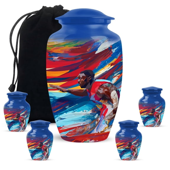 YATHABHISA Sport Cremation Urn for Ashes, Memorial Gift for Adults, Handcrafted Keepsake Urns for Men & Women, Blue, Combo (1Pc 10 Inch & 4Pcs 3 Inch)